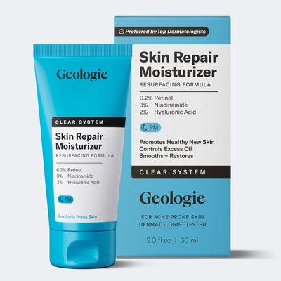 A blue tube and box of Geologie Skin Repair Moisturizer for acne-prone skin, enriched with hyaluronic acid, niacinamide, and resveratrol, shown as part of the Acne Treatment System.