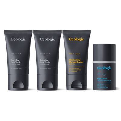 Four Geologie Adult Acne Routine products: Two tubes of Everyday Face Wash with salicylic acid, one tube of Moisturizing Morning Cream, and one bottle of Night Cream with retinol arranged in a row against a white background.