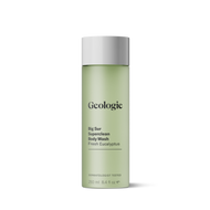 A bottle of Geologie Superclean Body Wash with fresh eucalyptus scent and skin rejuvenation properties against a black background.