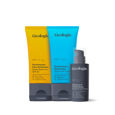 Three Sun Protection Essentials from Geologie, including vitamin C sunscreen, moisturizer, and serum, presented against a white background.
