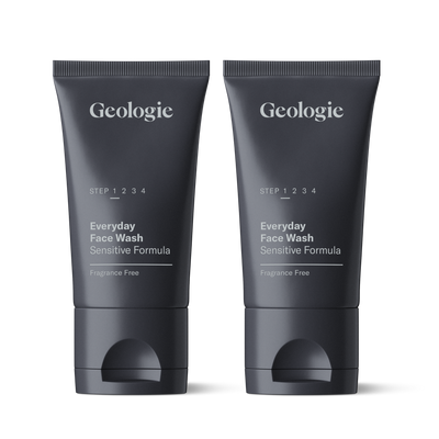 Two Geologie Sensitive Face Wash tubes for sensitive skin, fragrance-free, labeled with step 1 2 3 4 on a plain background.
