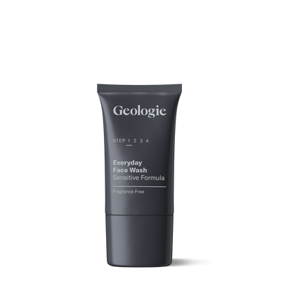 A tube of Geologie Sensitive Face Wash for sensitive skin, labeled step 1 2 3 4, and marked as fragrance-free, designed to remove dirt and oil buildup.