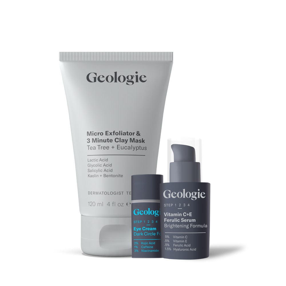 Range of Geologie Self Care Gift Sets, including a power-packed micro exfoliant clay mask and serum bundle.