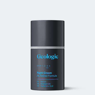 A black skincare product container labeled Geologie Retinol Night Cream with ingredients listed: 1% retinol formula, 3% niacinamide, 2% hyaluronic acid.
