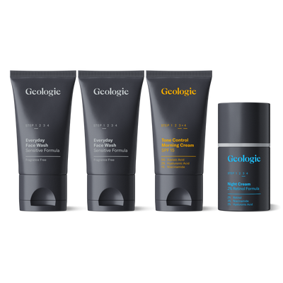 Four skincare products from Geologie: two Redness Relief Routine sensitive cleanser face wash, one Redness Relief Routine tone control SPF 15 day cream, and one Redness Relief Routine night cream, all labeled and on a dark background.
