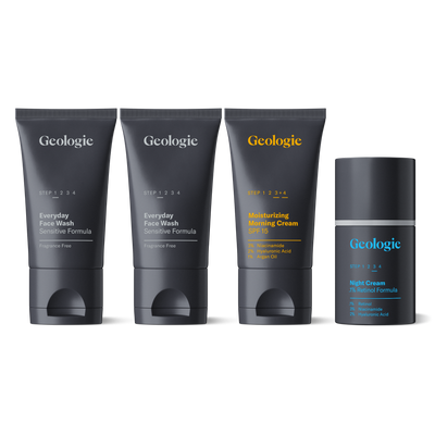 Four Sensitive Skincare Sets from Geologie labeled as face wash, sunscreen, and night creams for men with sensitive skin, featuring minimalist black packaging.