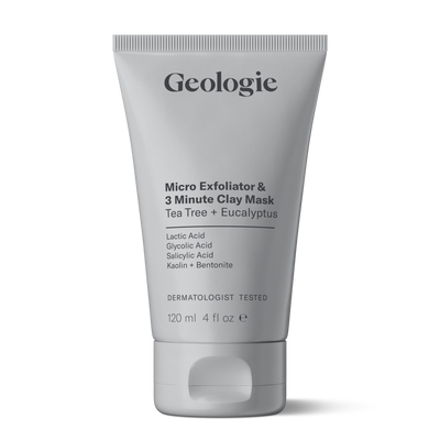 A tube of Geologie Micro Exfoliator & 3 Minute Clay Mask with tea tree and eucalyptus on a white background.