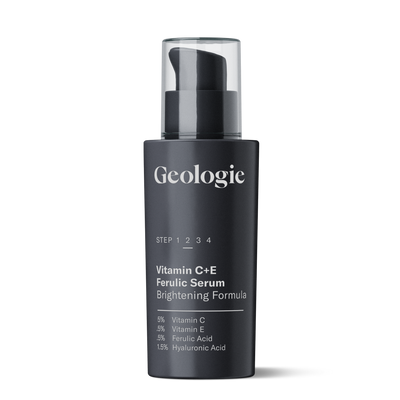 Black bottle of Geologie skincare with Vitamin C+E Ferulic Serum and collagen brightening formula.