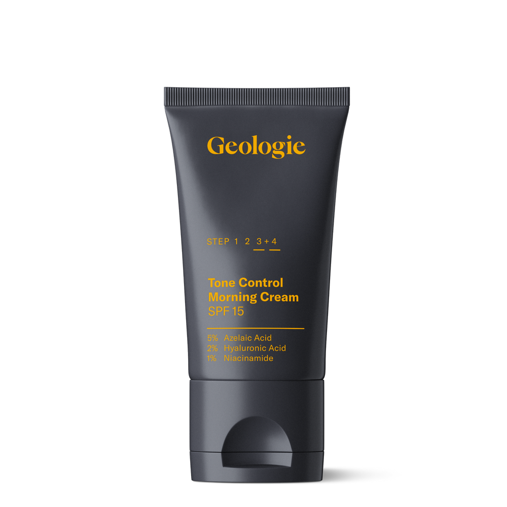 A tube of Geologie Tone Control Face Cream with SPF15 with labels indicating it contains azelaic acid, hyaluronic acid, and niacinamide, with mattifying complex and SPF 15.