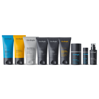 A lineup of seven Geologie Ultimate Skincare Sets targeting wrinkles and dark circles, featuring various blue, gray, and orange tubes and a dark gray spray bottle against a black background.