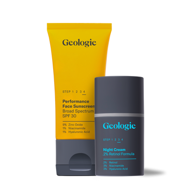 Two Geologie skincare products: SPF 30 sunscreen and Anti Aging Duo anti-aging retinol night cream.