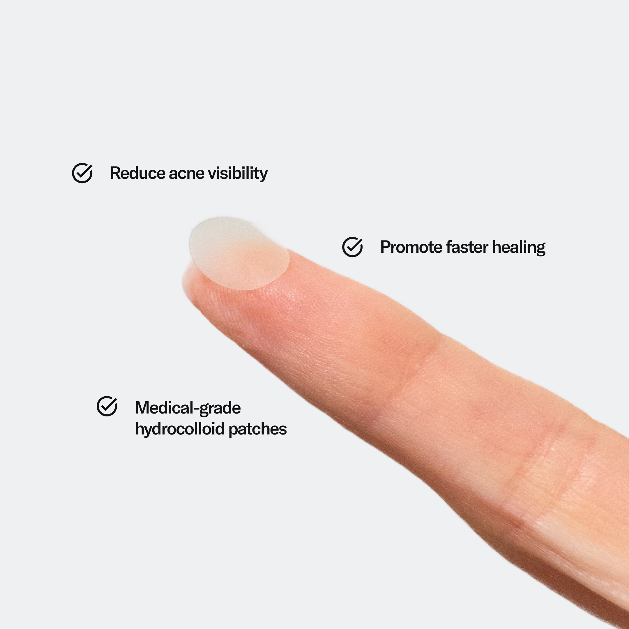 A finger with a Zit Zapper Pimple Patch from Geologie, highlighting benefits like reducing acne visibility and promoting faster healing.