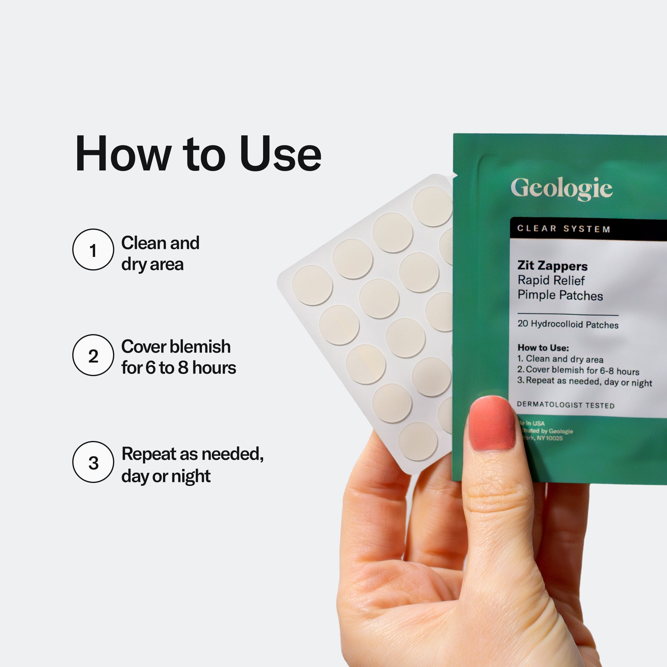 Person holding a package of Geologie's Zit Zapper Pimple Patches with instructions on how to use them.