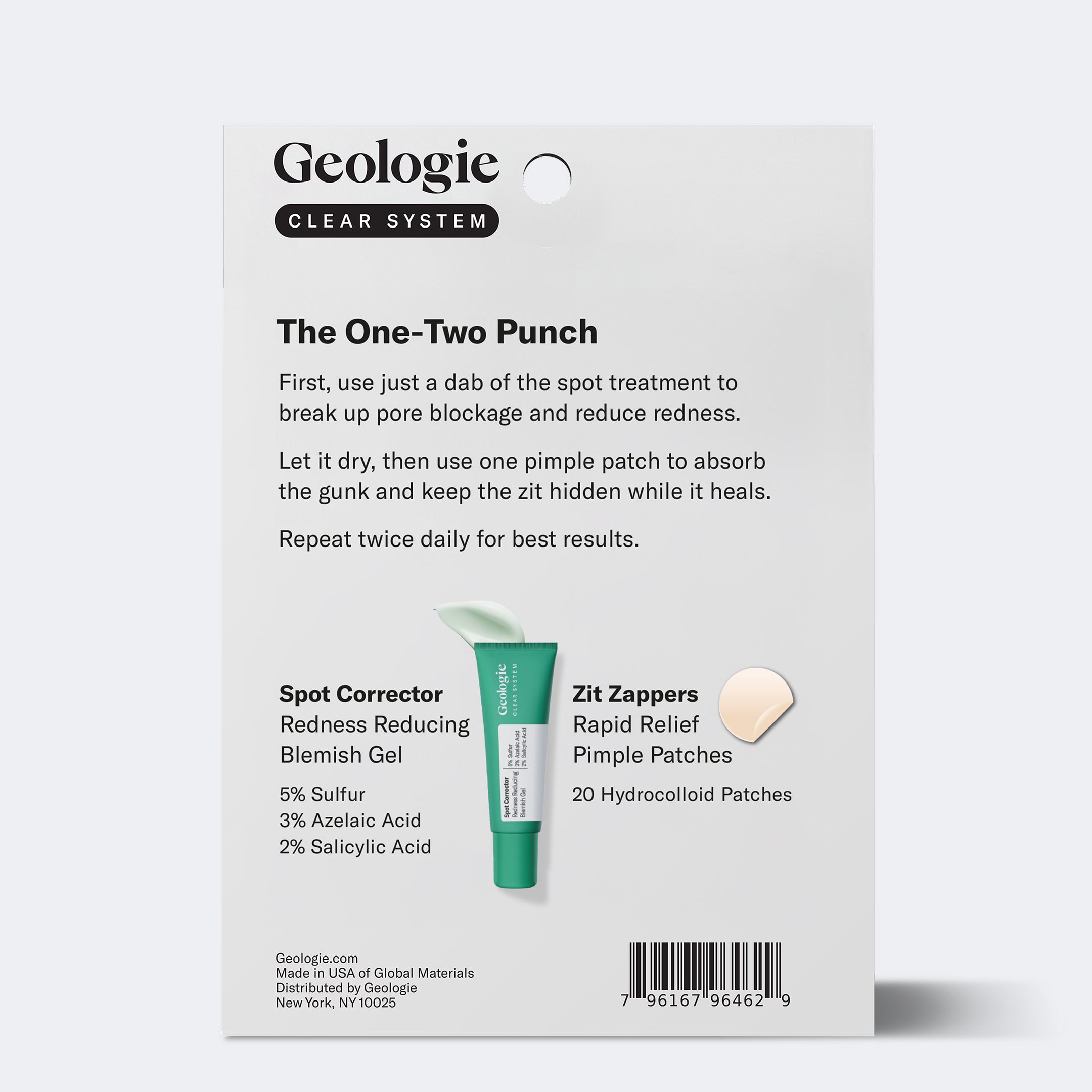 The image shows the back of Geologie's Anti Pimple Pack, detailing directions for using the spot corrector gel and pimple patches to help you achieve clearer, blemish-free skin.