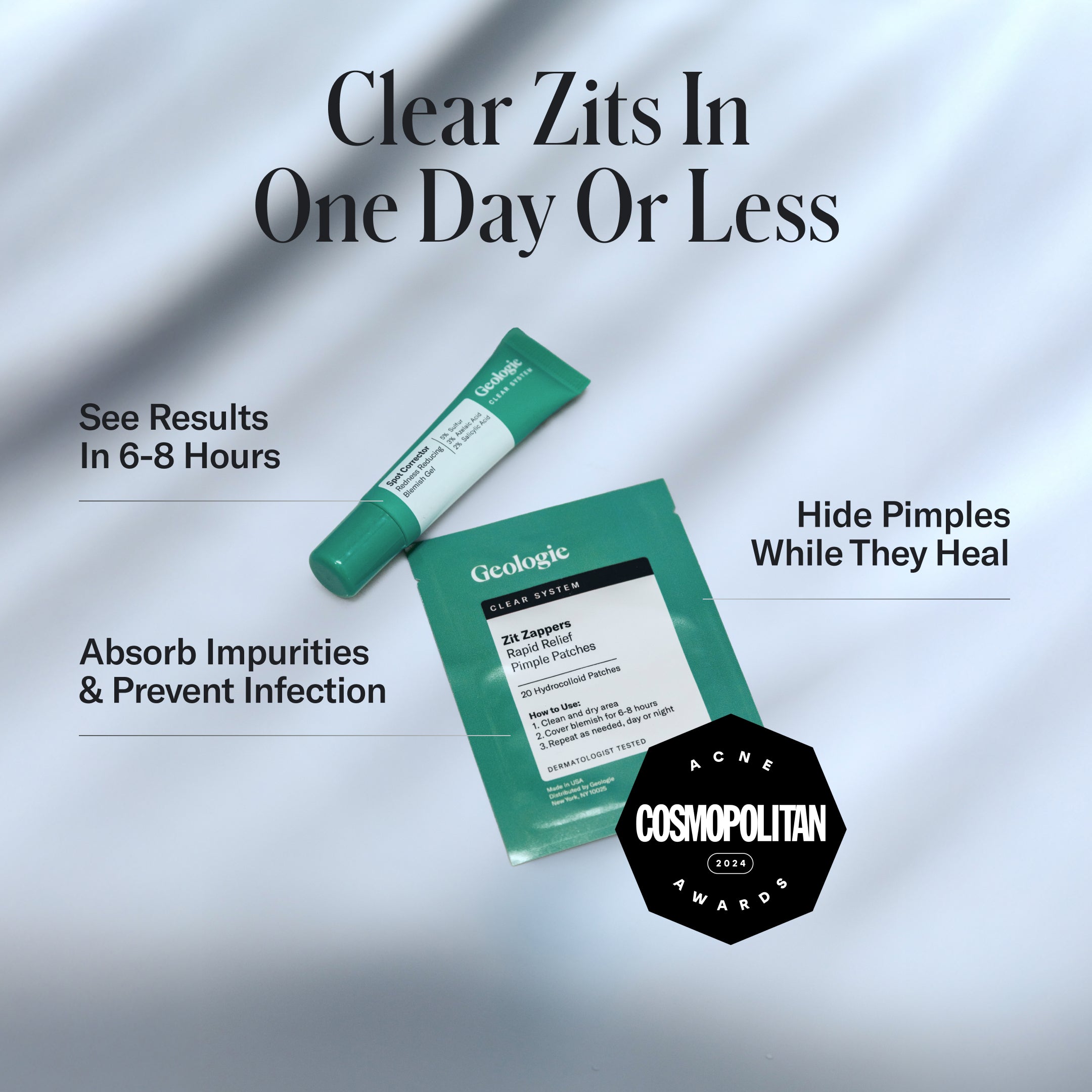 Geologie Anti Pimple Pack and pimple patches on a white background, featuring fast zit-clearing benefits and a Cosmopolitan Acne Awards badge for clear, blemish-free skin.