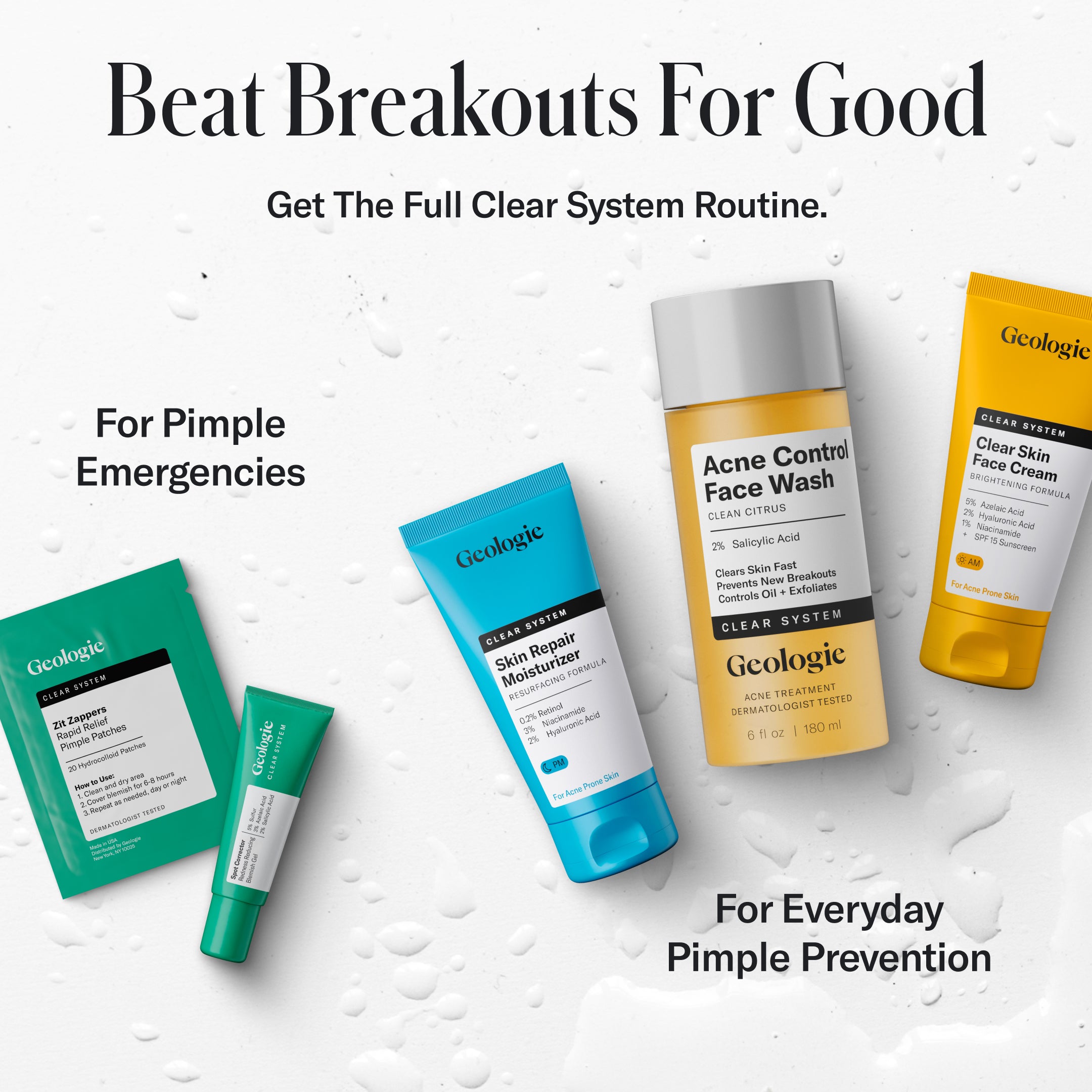Geologie's Anti Pimple Pack is shown on a light background with water droplets, labeled for pimple emergencies and daily prevention—ideal for clear, blemish-free skin.