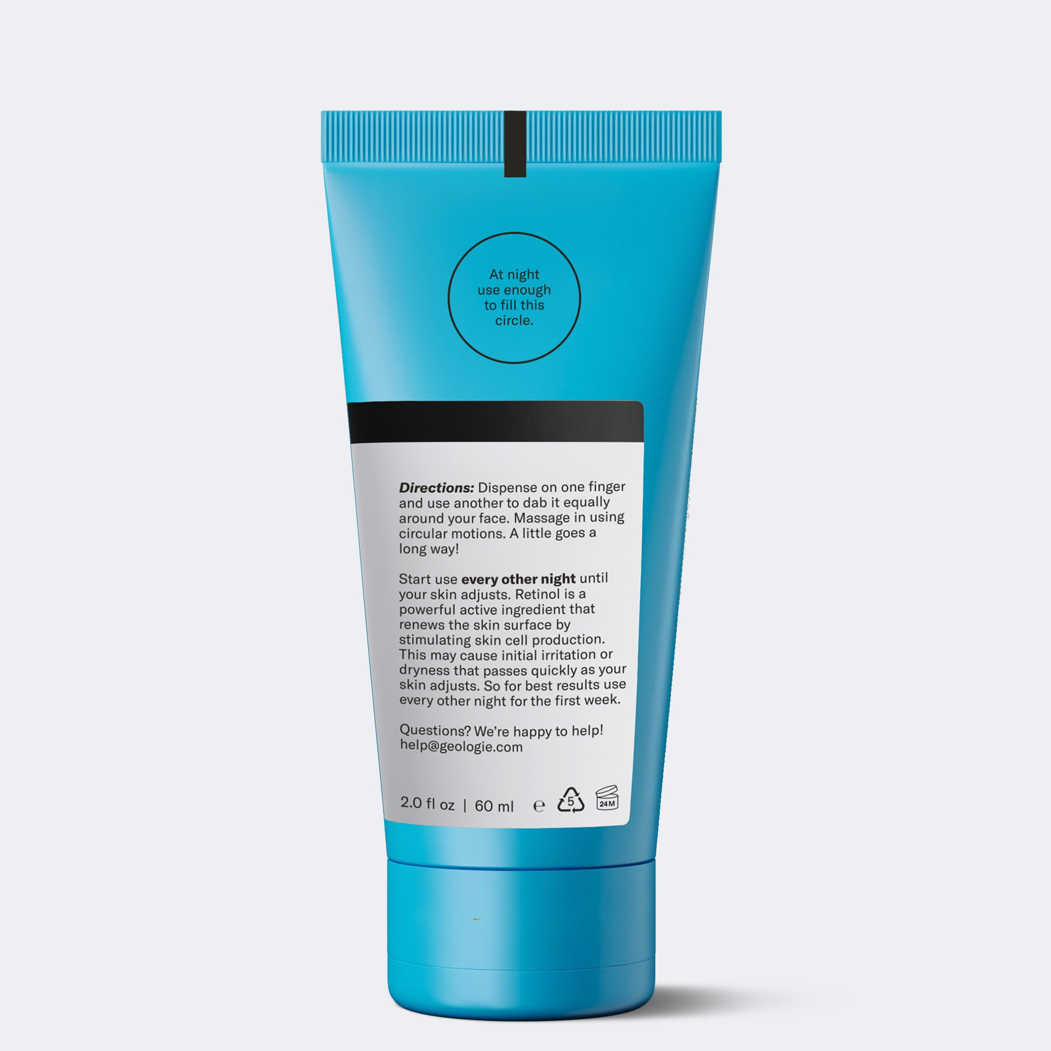 A blue plastic tube of Geologie Skin Repair Moisturizer with hyaluronic acid, featuring application directions and contact info on the back label.