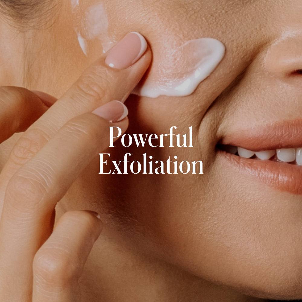 A person applies Geologie’s Skin Repair Moisturizer, a white cream, to their cheek with their fingers. Text on the image says, 'Powerful Exfoliation with Geologie Skin Repair Moisturizer.