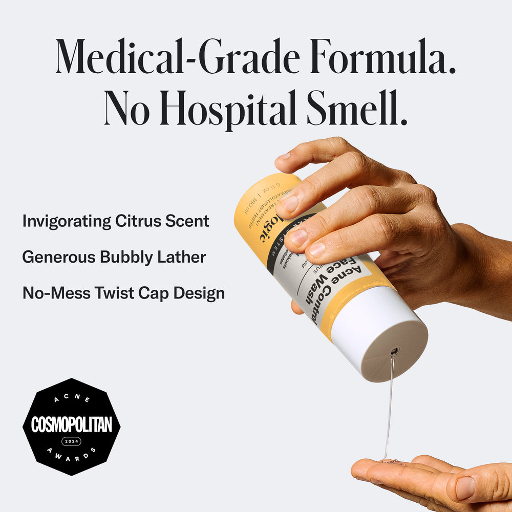 Hand pouring Geologie's Acne Control Face Wash from a bottle, showcasing its features: citrus scent, bubbly lather, and twist-cap design. Includes the Cosmopolitan Acne Awards 2023 badge.