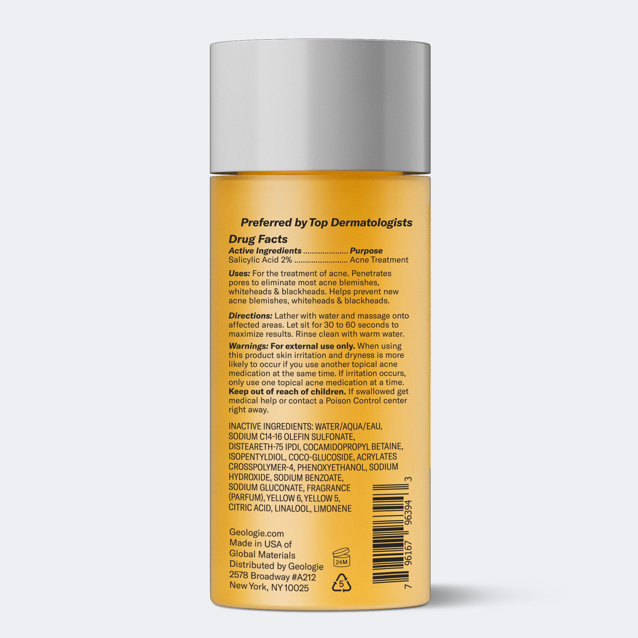A yellow cylindrical Geologie Acne Control Face Wash bottle shows drug facts, a salicylic acid ingredients list, usage directions, and manufacturer info—perfect for anyone seeking an effective acne treatment system.