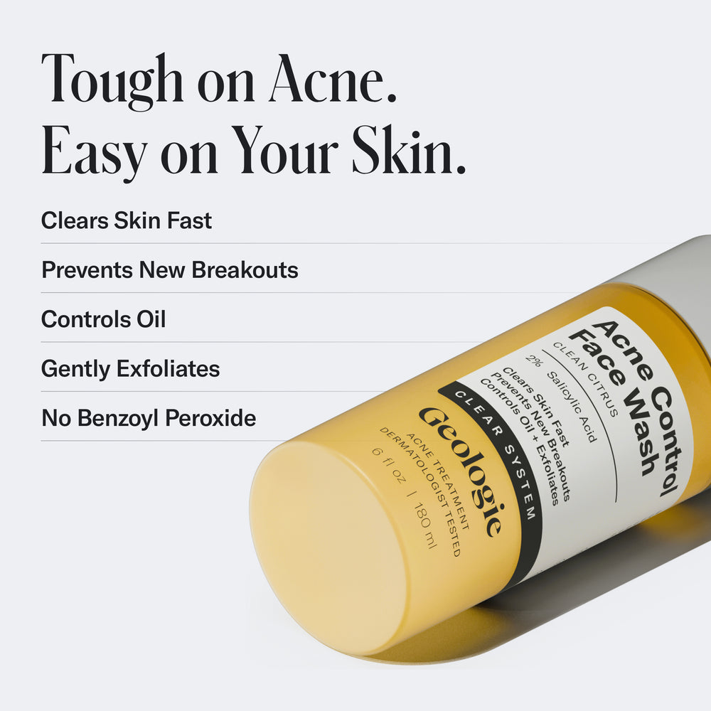 Image of Geologie's Acne Control Face Wash positioned on its side, accompanied by text highlighting its benefits: clears skin, prevents breakouts, controls oil, gently exfoliates, and is free from benzoyl peroxide.
