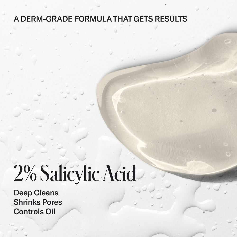 Clear gel with text overlay: 'A Derm-Grade Formula That Gets Results,' featuring Geologie's Acne Control Face Wash, highlighting '2% Salicylic Acid,' which deep cleans, shrinks pores, and controls oil. Droplets enhance the background.