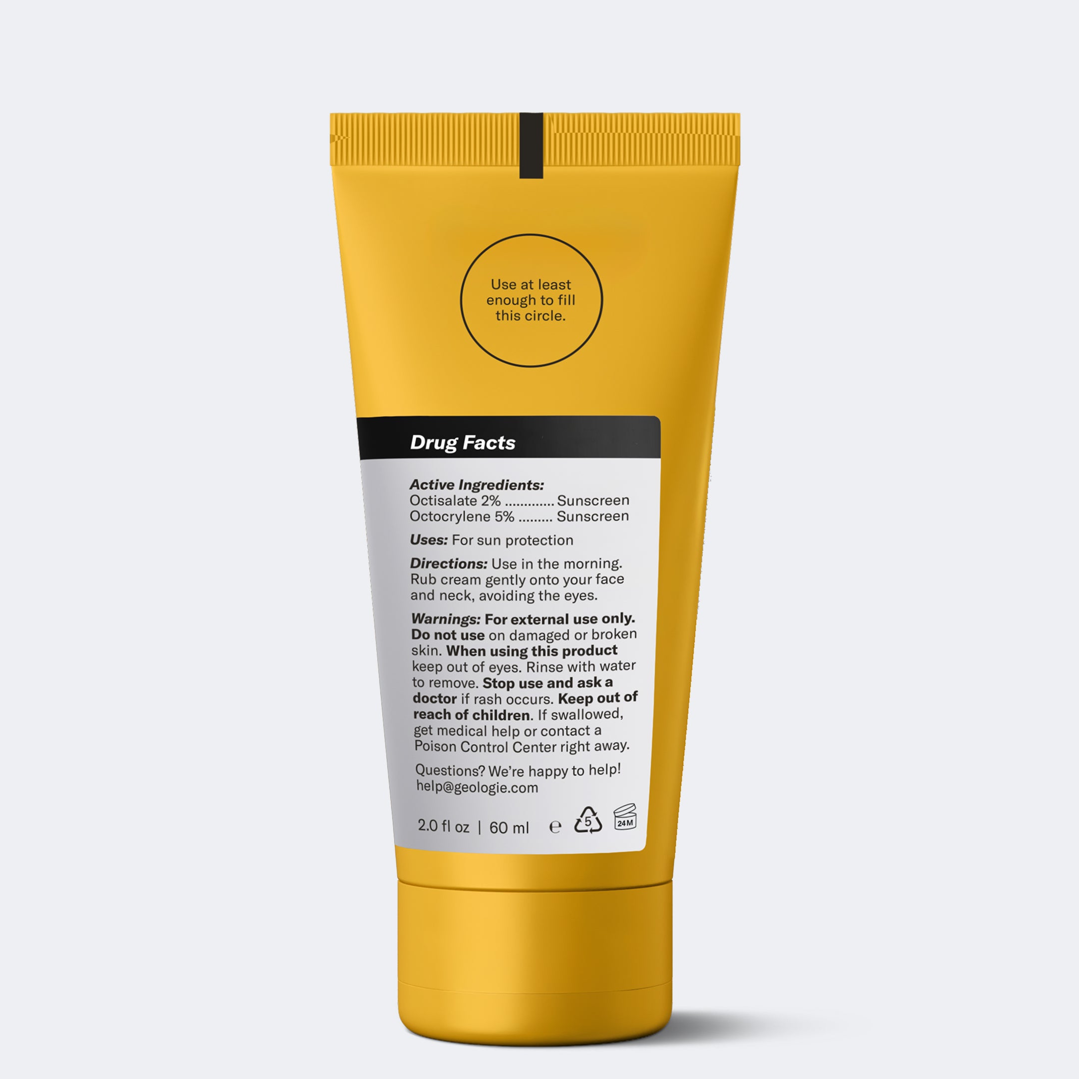 Geologie’s Clear Skin Face Cream comes in a yellow tube with directions, drug facts, and warnings for face and neck use. Ideal to pair with your routine—be sure to fill the circle before applying.