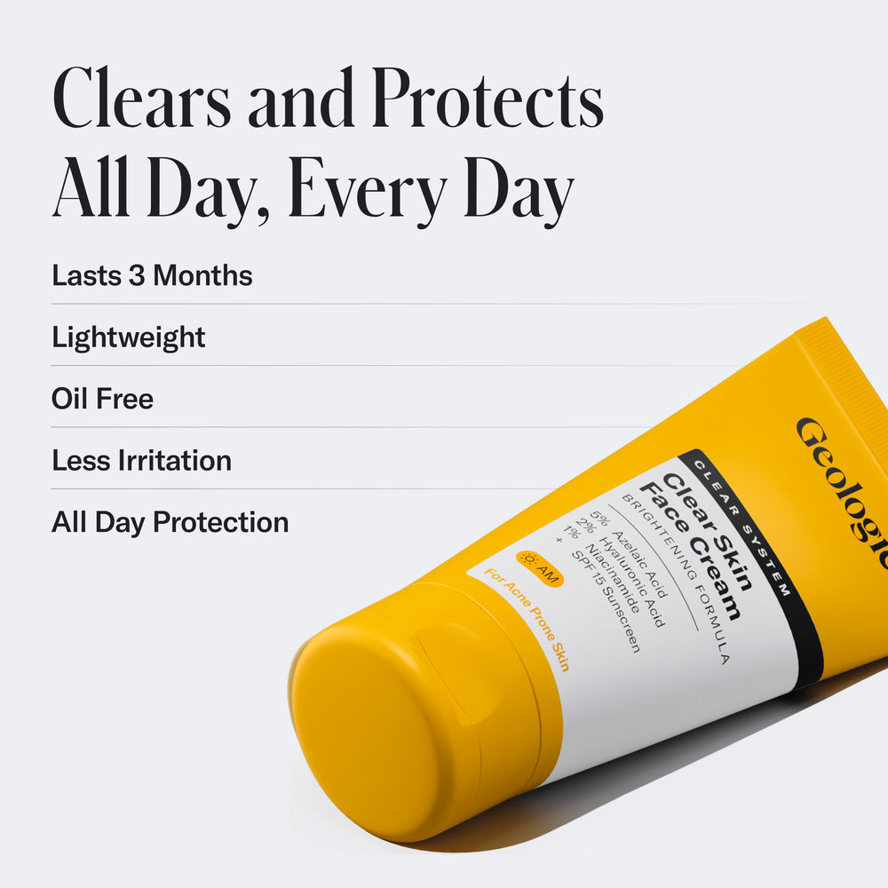 A tube of Geologie's Clear Skin Face Cream is displayed on a gray surface, with highlighted text detailing its benefits: it lasts for 3 months, is lightweight and oil-free, reduces irritation, and offers all-day protection.