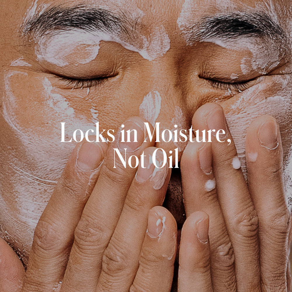 A person applies Geologie Clear Skin Face Cream to their face as text reads, 'Locks in Moisture, Not Oil.' Powered by azelaic acid, it supports a balanced complexion.