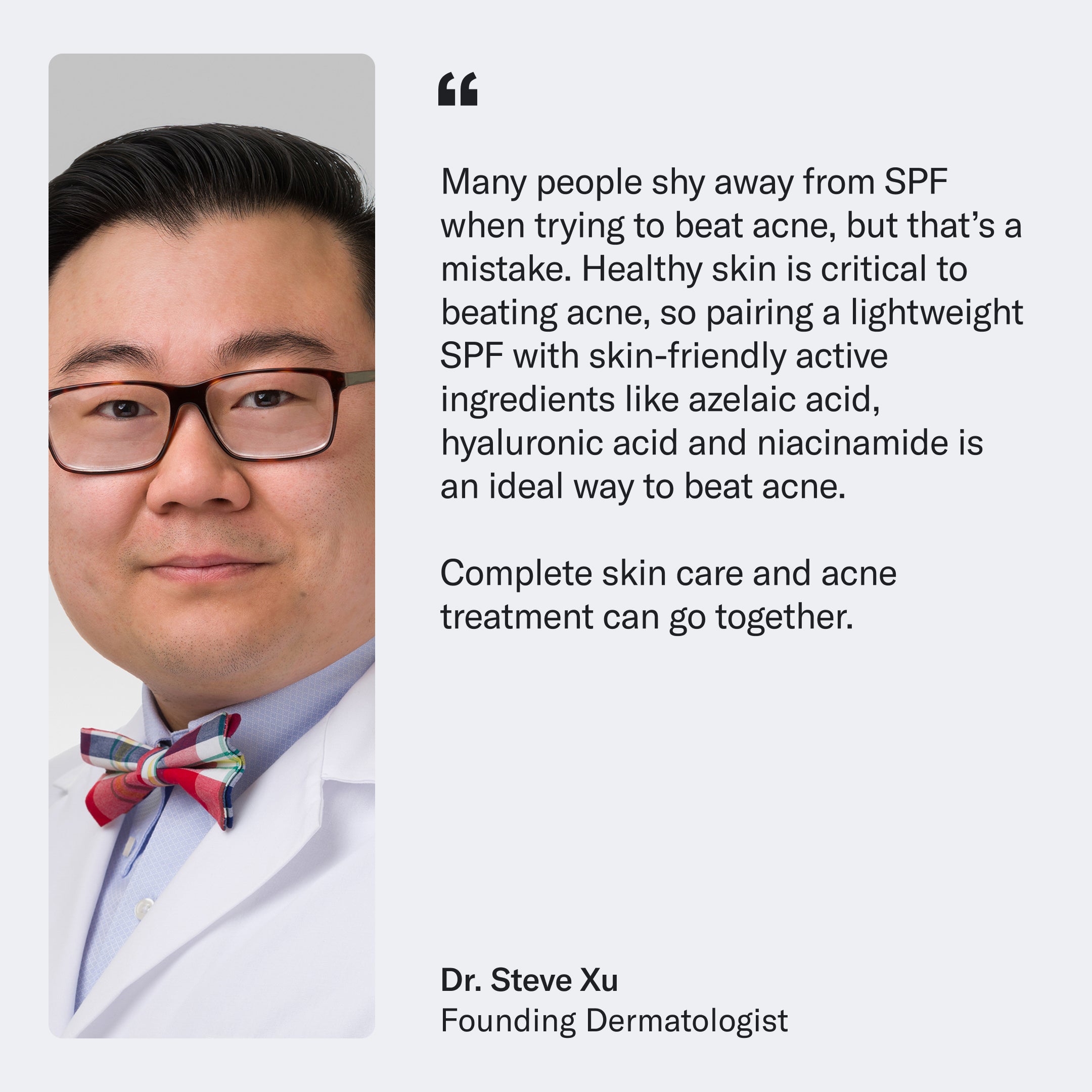 A dermatologist in a white coat and bow tie appears beside a quote about using SPF, azelaic acid, and actives for healthy skin and effective acne care with Geologie’s Clear Skin Face Cream.