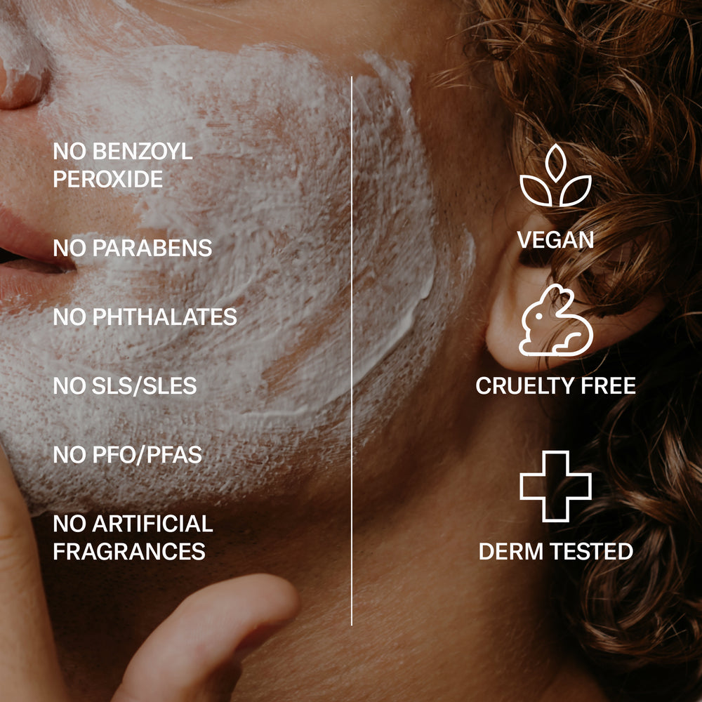 A person applies Geologie Clear Skin Face Cream, which features icons and text: chemical-free, vegan, cruelty-free, derm-tested, no artificial fragrances. Powered by azelaic acid for real results.