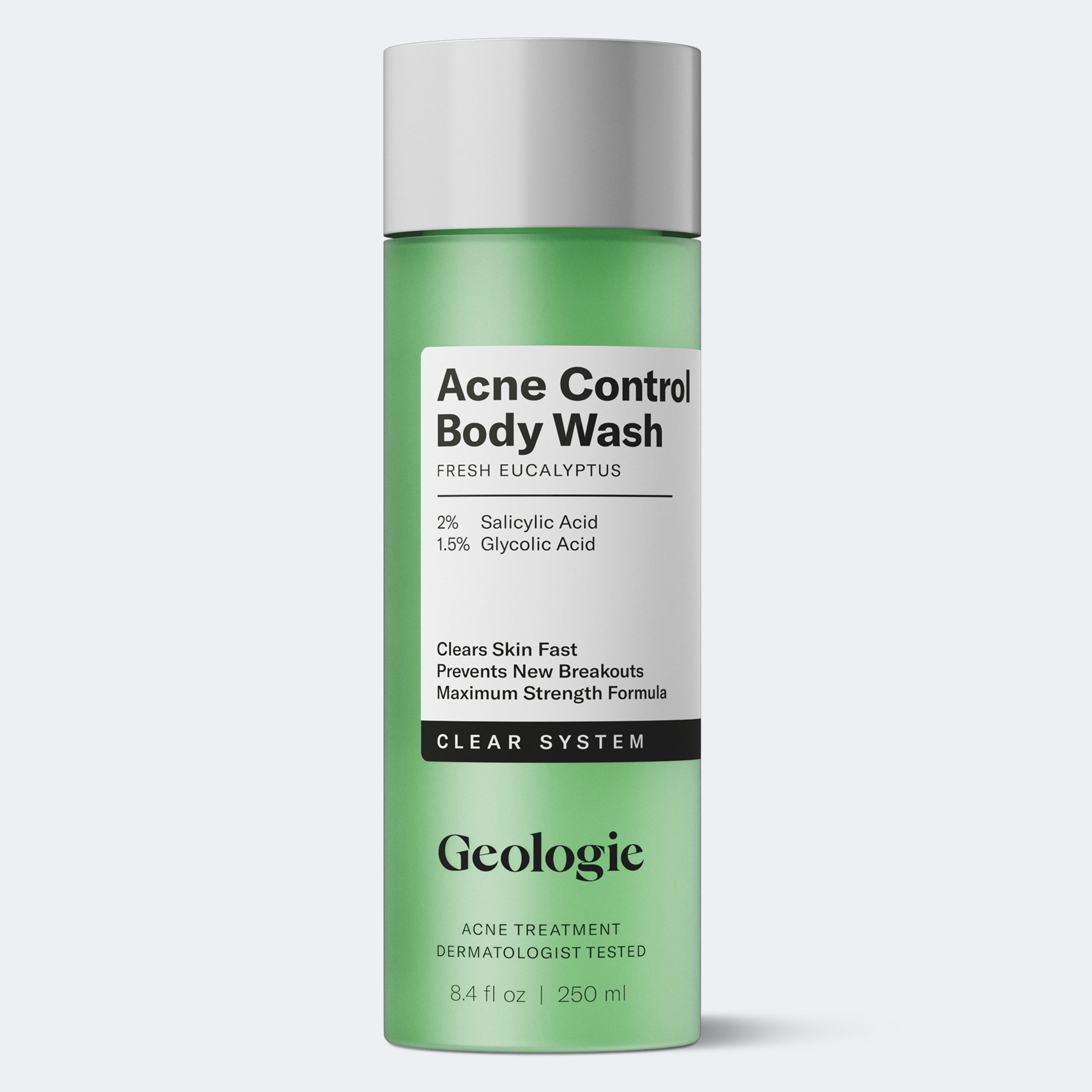 A 250 ml green bottle of Geologie Acne Control Body Wash, formulated with salicylic and glycolic acids for acne treatment, features a clean white and black label.