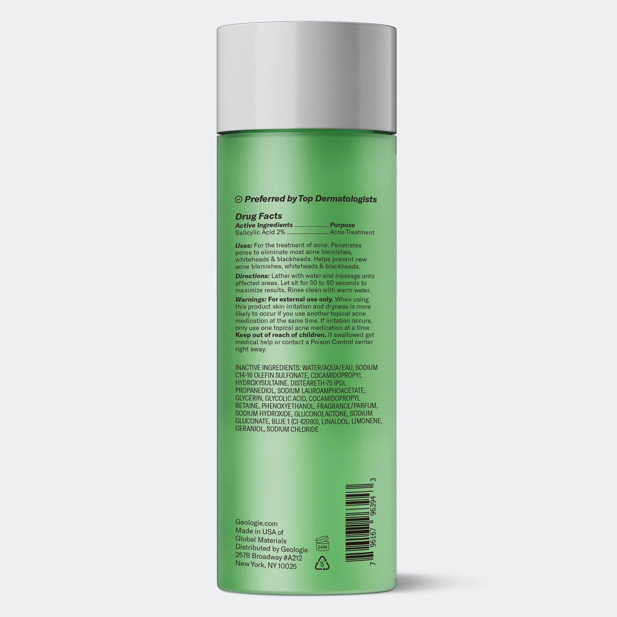 Back of a green Geologie Acne Control Body Wash bottle displaying drug facts, active ingredient Salicylic Acid, inactive ingredients, usage directions, and manufacturer info in black text.