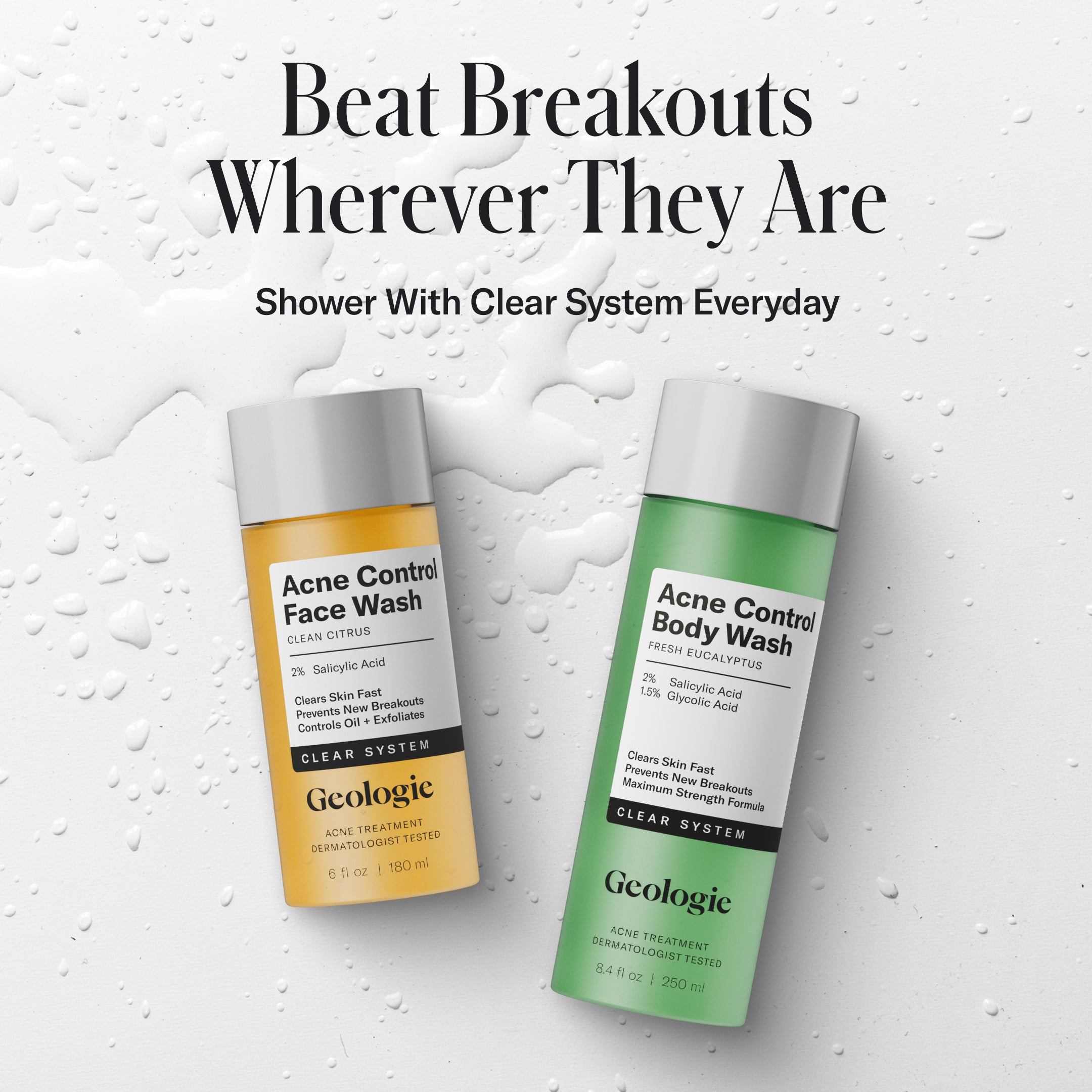 A Geologie Acne Control Body Wash bottle featuring Salicylic Acid sits on a wet surface with water drops and promotional text above it.