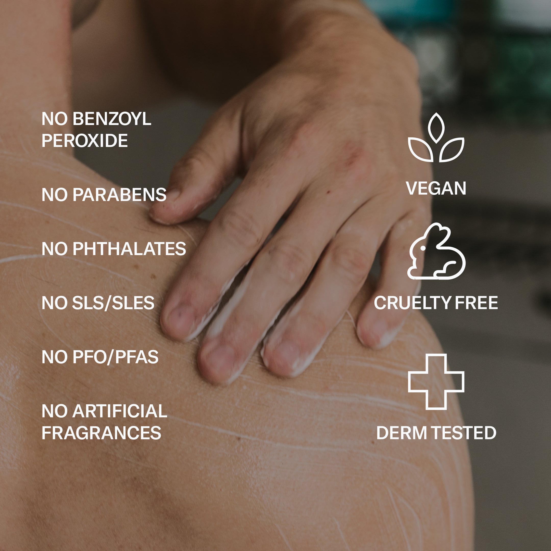 A person applies Geologie Acne Control Body Wash to their shoulder; features include salicylic acid, no benzoyl peroxide, parabens, phthalates, SLS/SLES, PFO/PFAS, or artificial fragrance; vegan, cruelty-free, dermatologically tested.