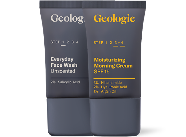 Two Geologie Starter Set skincare products available for recharge subscriptions: an everyday face wash and a moisturizing SPF 15 morning cream with listed active ingredients.