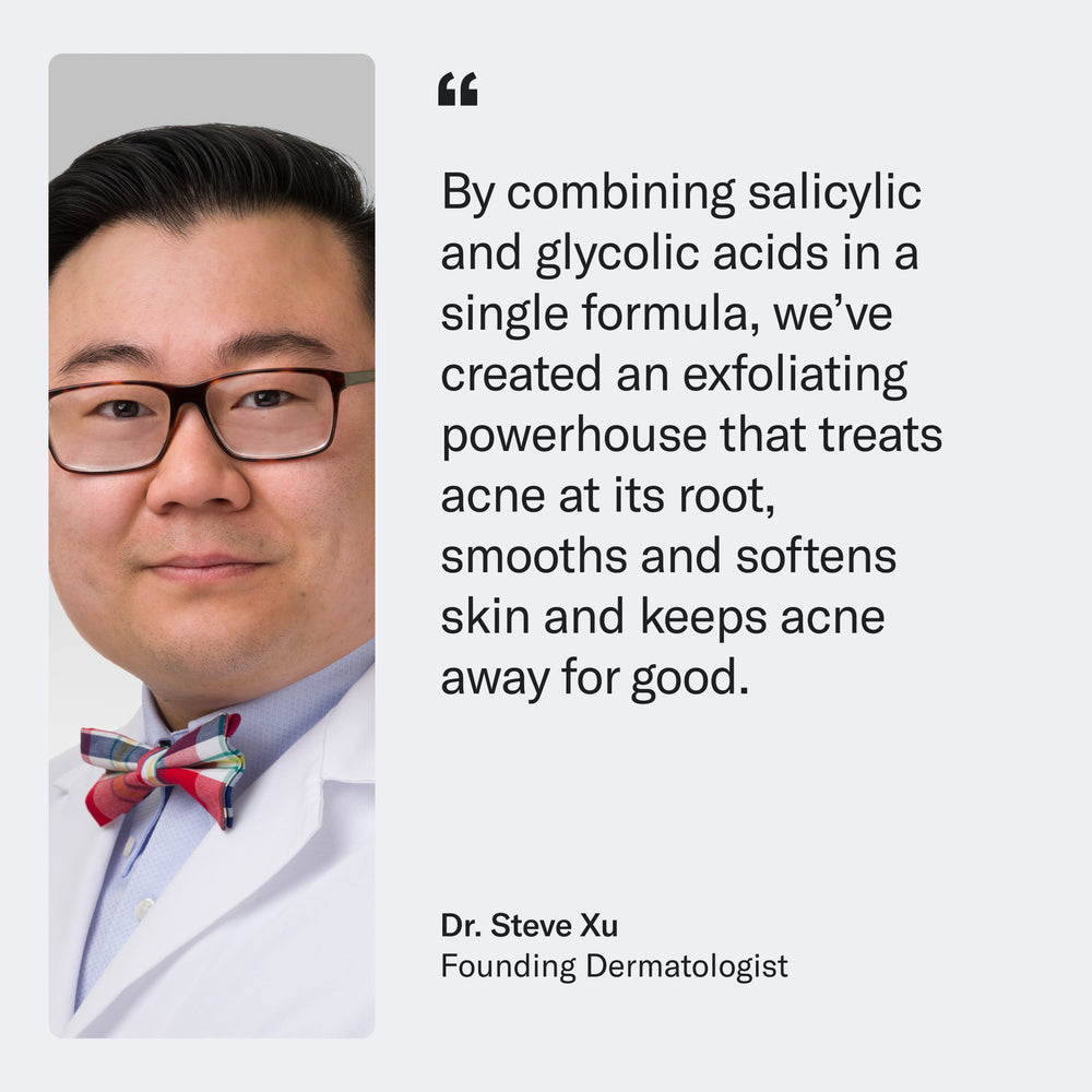 A dermatologist in a white coat and bow tie standing next to a quote about Geologie's Acne Control Superclean Body Wash that combines salicylic and glycolic acids to treat acne, smooth skin, and prevent breakouts. Text: 'Dr. Steve Xu Founding Dermatologist.