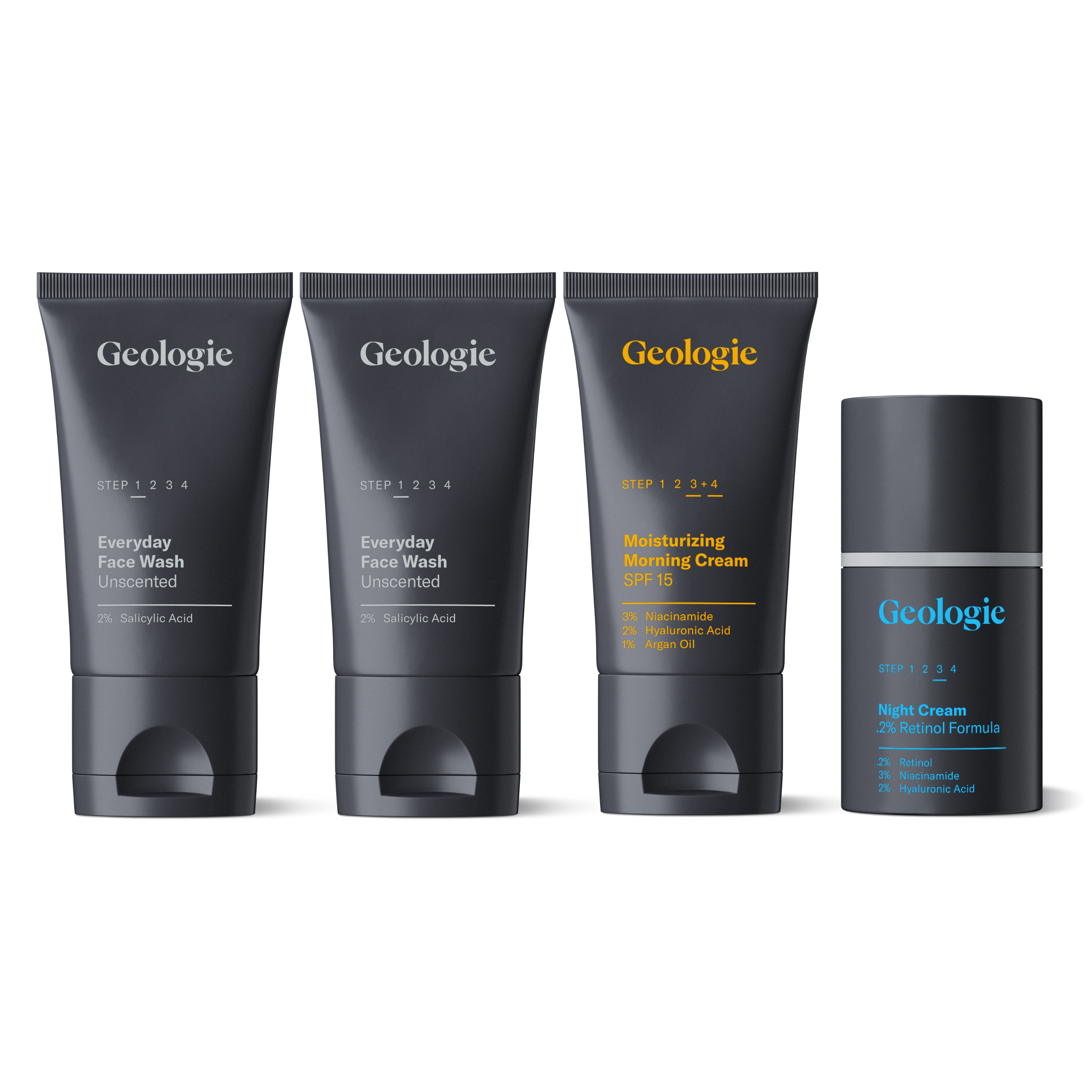 Four Geologie Adult Acne Routine products: Two tubes of Everyday Face Wash with salicylic acid, one tube of Moisturizing Morning Cream, and one bottle of Night Cream with retinol arranged in a row against a white background.
