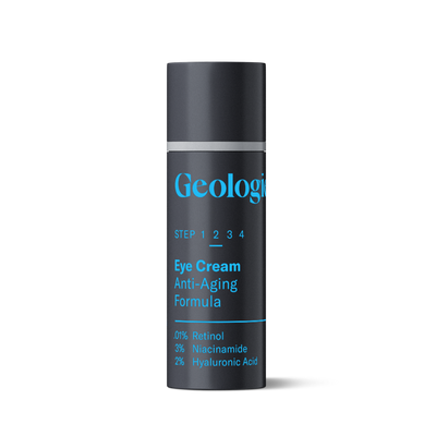 A dark-colored cylindrical container labeled Geologie Eye Cream - Anti-Aging Formula with highlighted ingredients: 1.0% Retinol, 3% Niacinamide, and 2% Hyaluronic Acid to combat fine lines and provide powerful antioxidants.