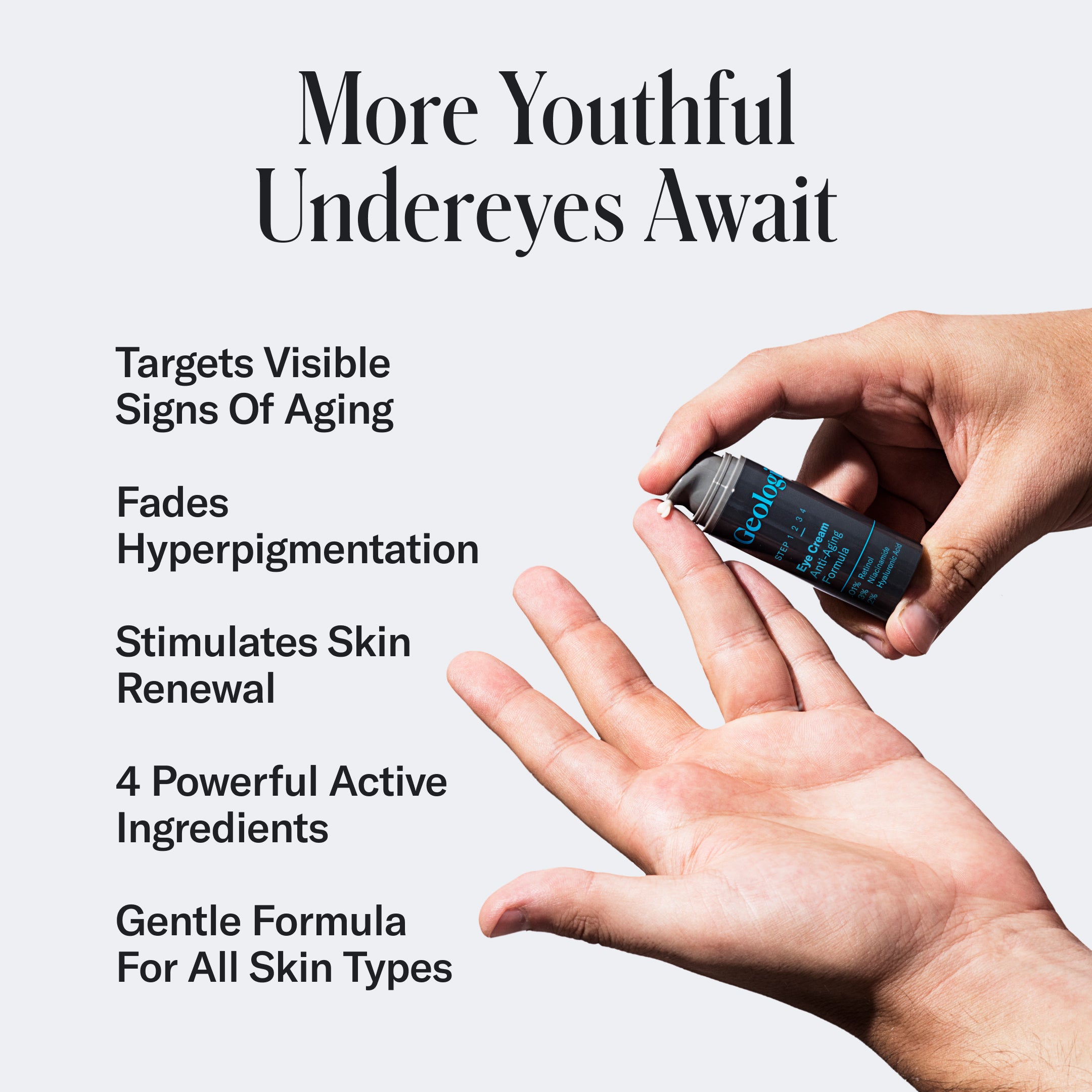 A hand holds a Geologie Eye Cream - Anti-Aging Formula bottle with text highlighting its benefits: targets visible signs of aging, reduces hyperpigmentation, stimulates skin renewal with retinol, boasts 4 powerful active ingredients, gentle formula.