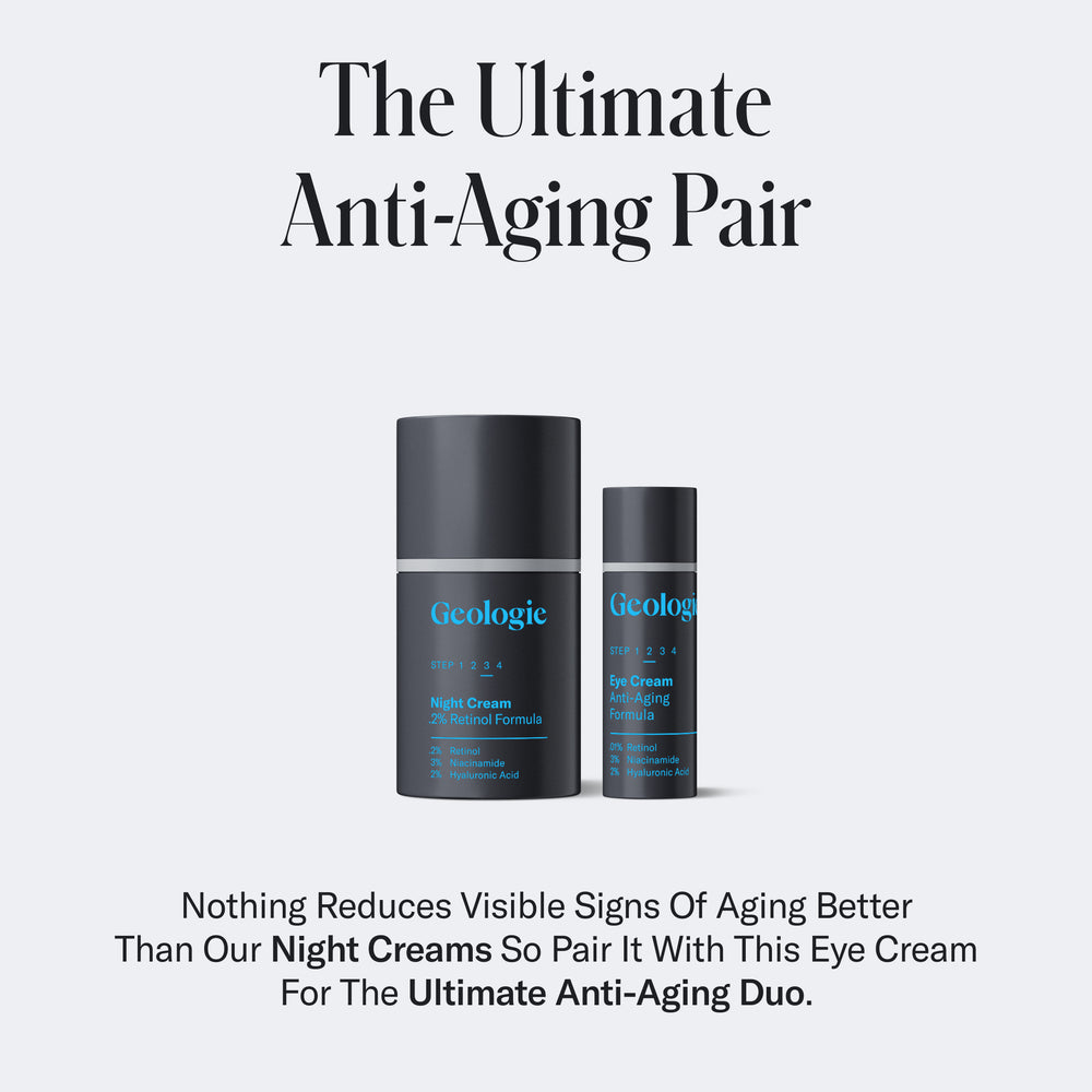 Image of Geologie skincare products, including Night Cream and Eye Cream - Anti-Aging Formula with hyaluronic acid. The tagline reads 'The Ultimate Anti-Aging Pair.' Descriptive text promotes their effectiveness against visible signs of aging.