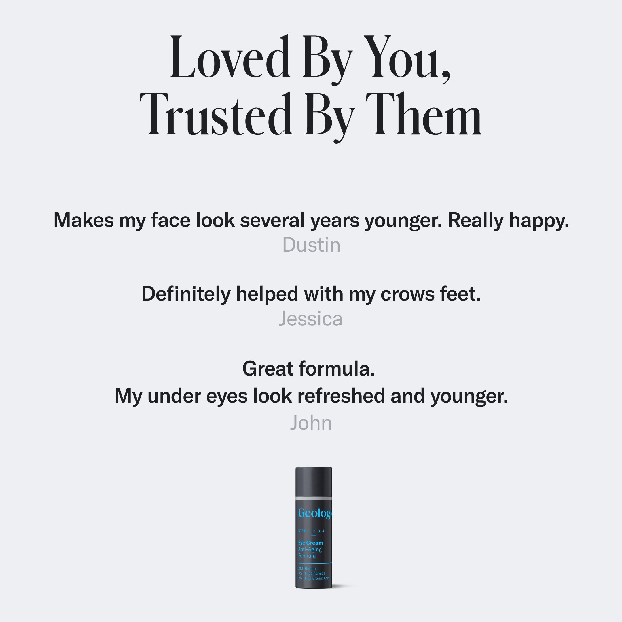 Image of a Geologie Eye Cream - Anti-Aging Formula, accompanied by testimonials: 