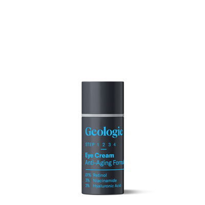 A black and gray cylindrical container labeled Geologie Eye Cream - Anti-Aging Formula showcases percentages of Retinol, Niacinamide, Hyaluronic Acid, and peptides listed below.