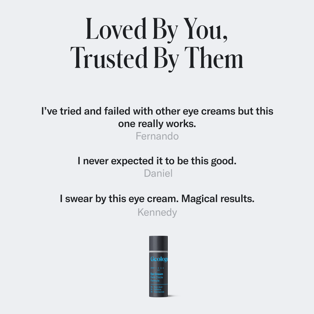 A black Eye Cream - Dark Circle Formula bottle from Geologie on a light gray background with text reviews above it from Fernando, Daniel, and Kennedy praising the product's antioxidants and hyaluronic acid benefits.