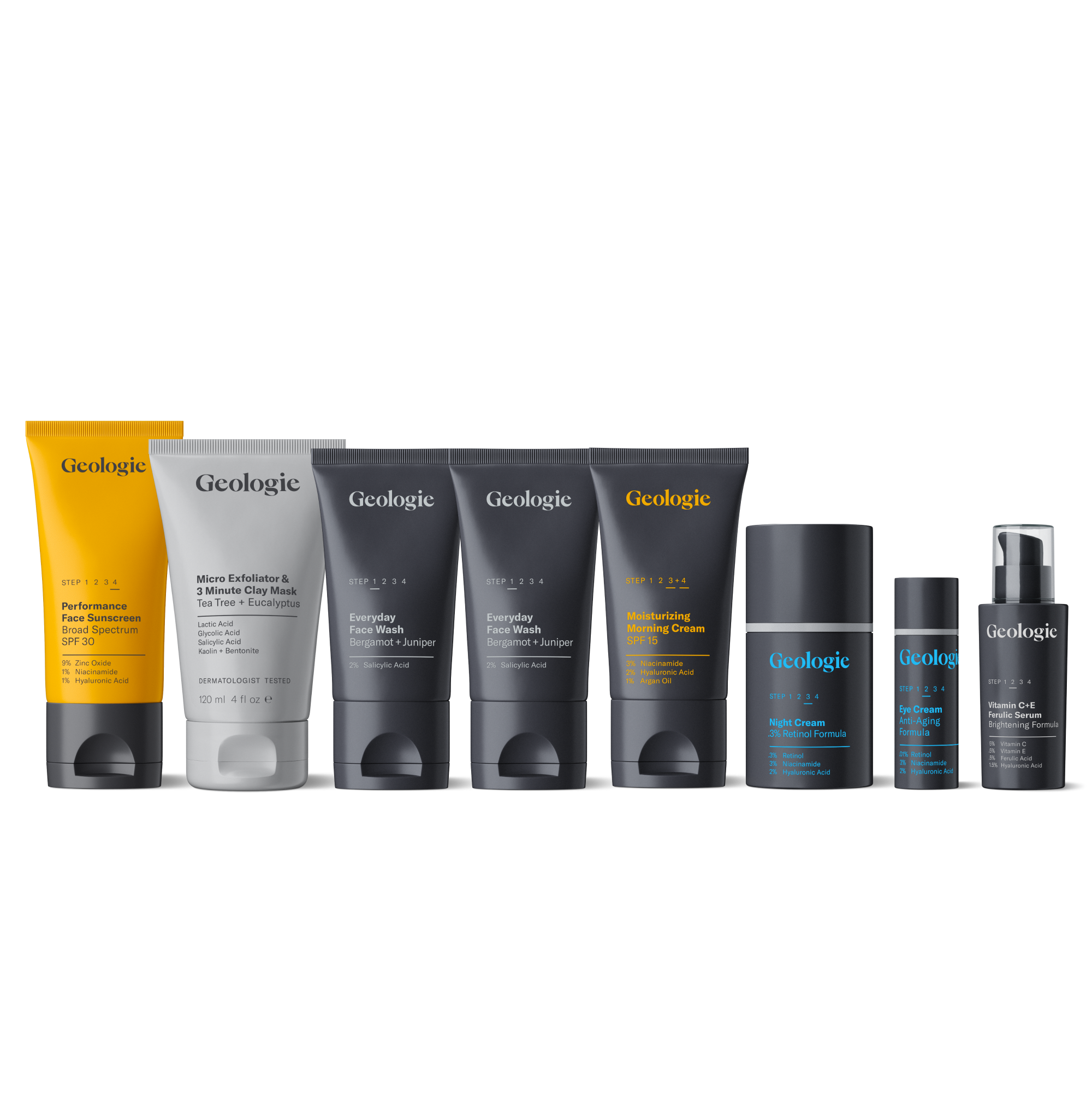 A range of Geologie branded Anti Aging Skincare Routine for men, designed to combat signs of aging and brighten dull skin, displayed against a dark background.