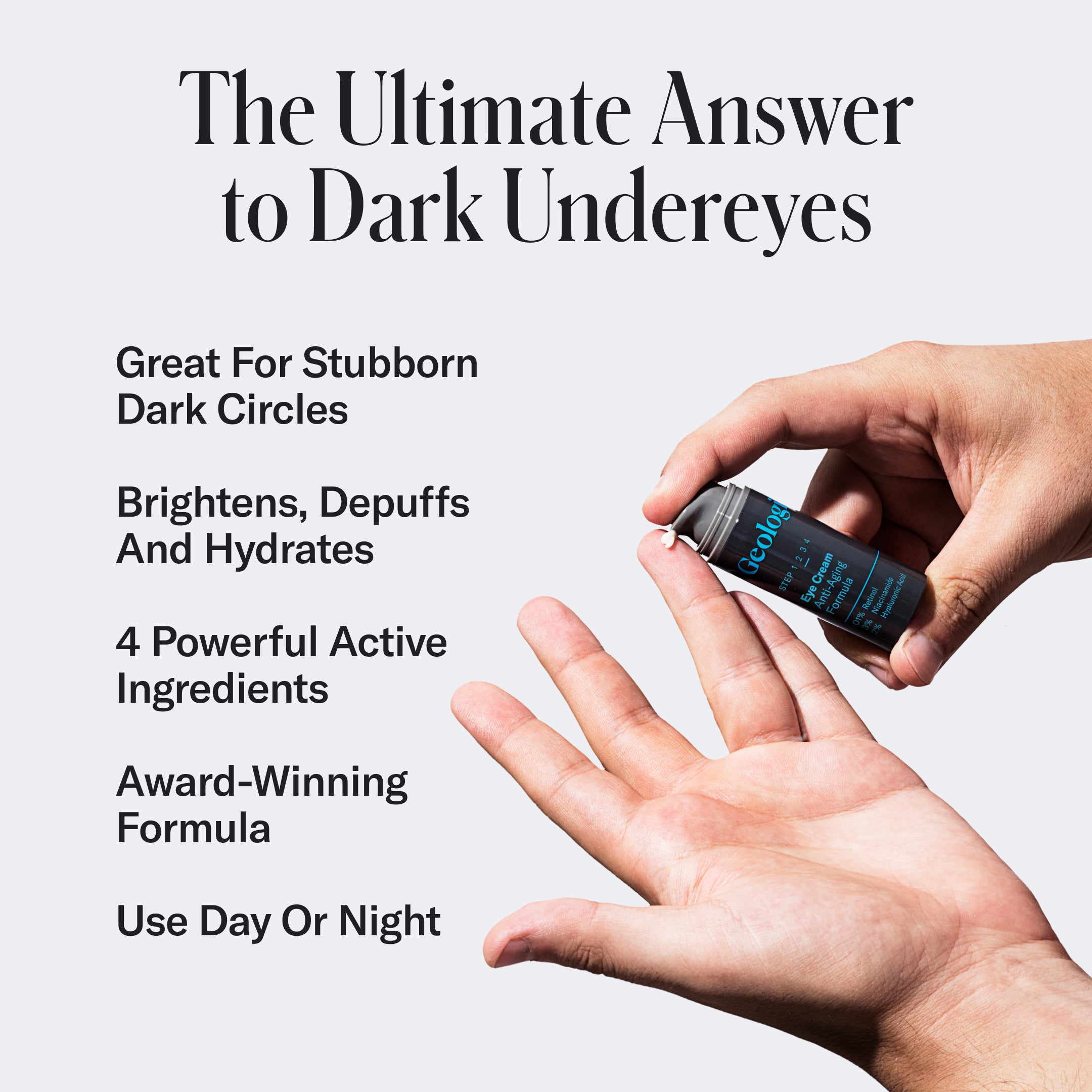 A hand is holding a small bottle with text that lists benefits of Geologie's Anti Aging Skincare Routine, such as reducing dark circles, brightening skin, hydrating, containing 4 active ingredients, an award-winning formula with anti-aging properties, and suitable for day or night use.