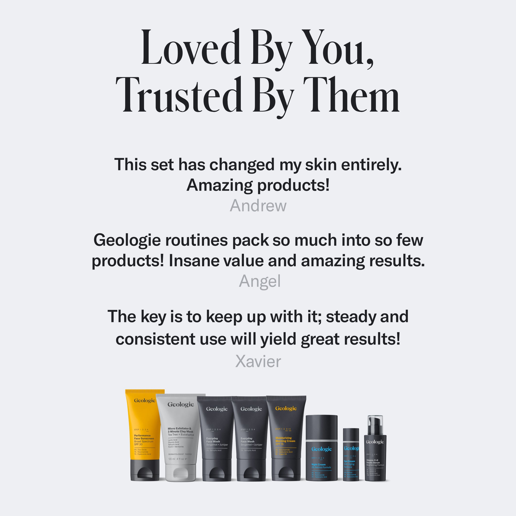 Image of Geologie Anti Aging Skincare Routine products with customer testimonials praising results, highlighting anti-aging benefits from users named Andrew, Angel, and Xavier.
