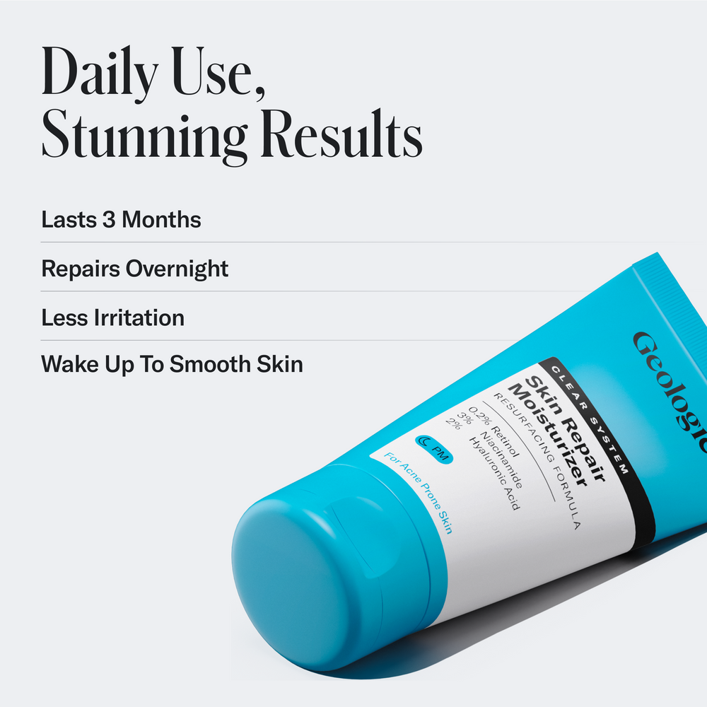 A tube of Geologie's Skin Repair Moisturizer is showcased alongside text that emphasizes features such as lasting for three months, providing overnight repair, reducing irritation, and promoting smoother skin.