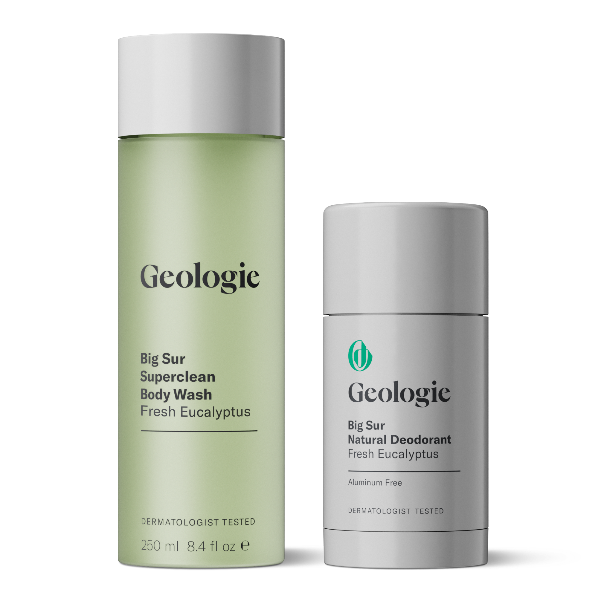 Two Geologie Body Bundle products; a body wash and aluminum-free deodorant against a white background.