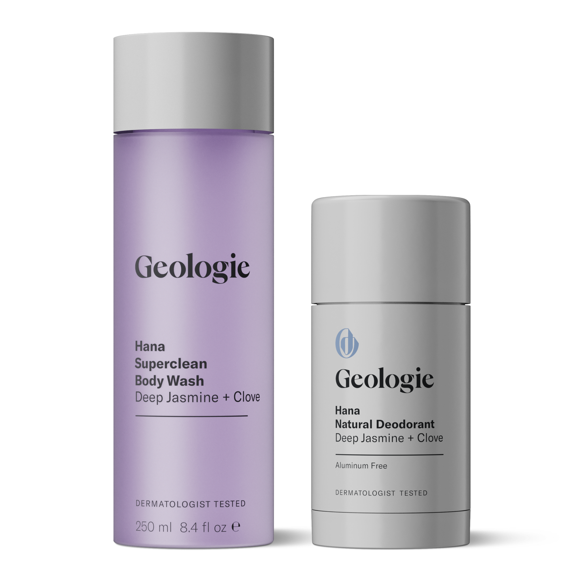 Two Geologie Body Bundle skincare products, a body wash and a deodorant, with a gradient design and labeled for natural ingredients and dermatologist testing.